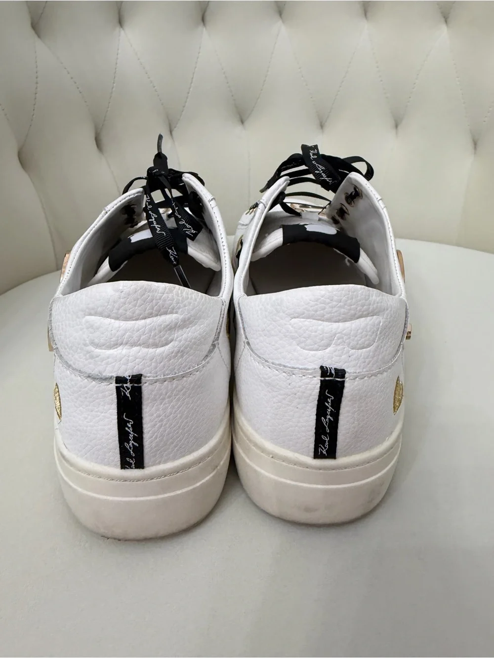 Karl Lagerfeld White Sneakers with Black Ribbon Laces and Heart Studs